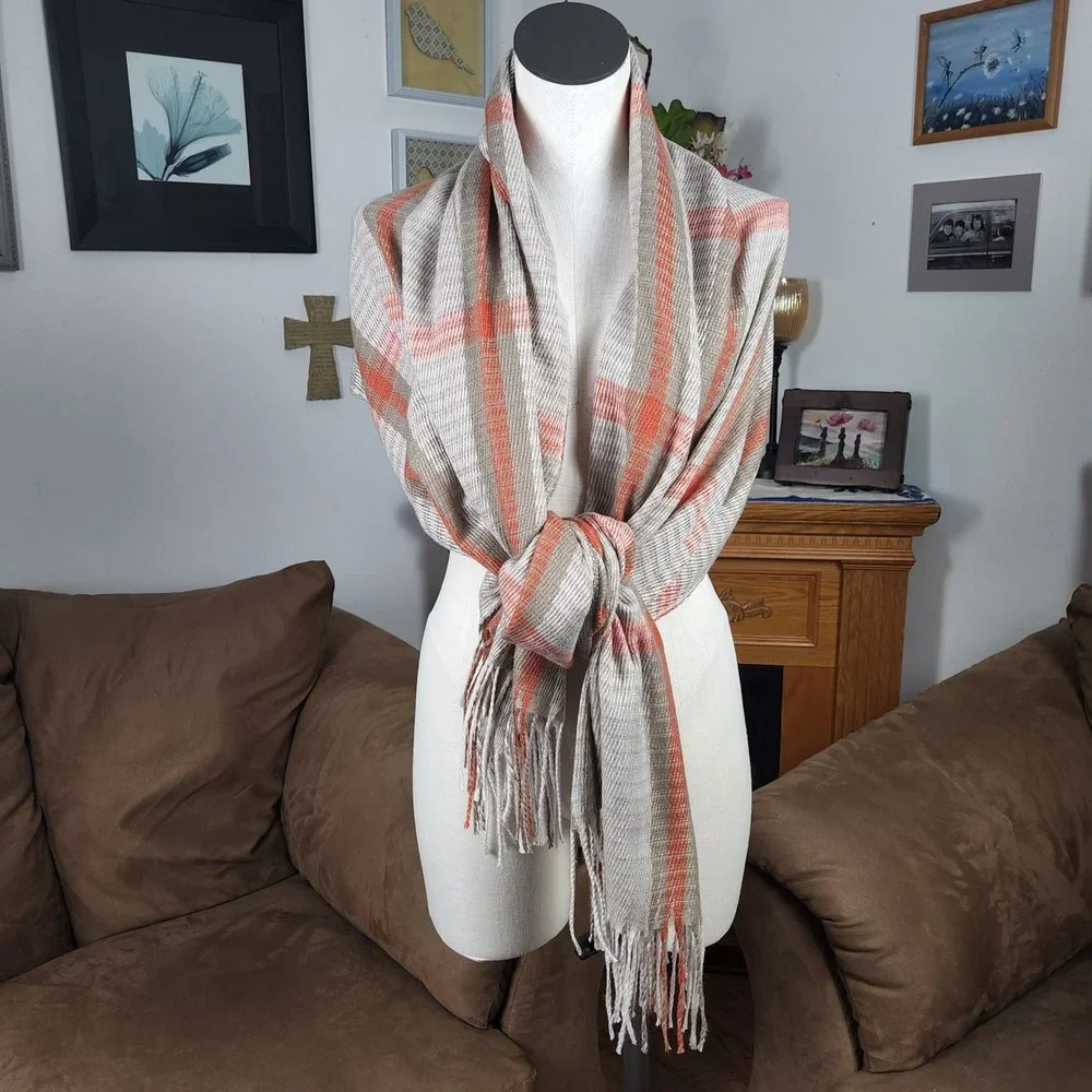 Lifestyle Orange & Beige Soft Plaid Rectangular Fringed Scarf